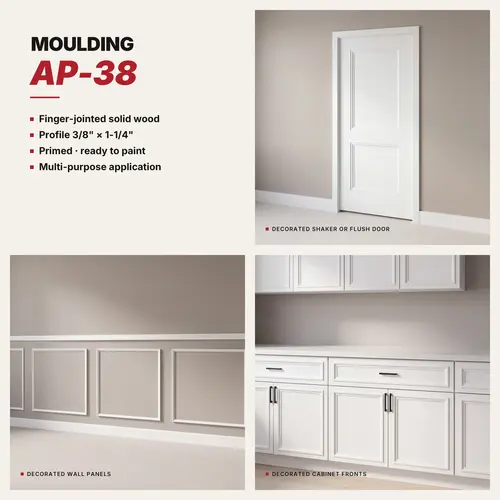 Concave-Sweep Profile Applied Panel Moulding, 1-1/4" Width, 3/8" Depth, 16 ft Length, White Finish, Sold Per Linear Foot, Supplied in 16 ft Lengths