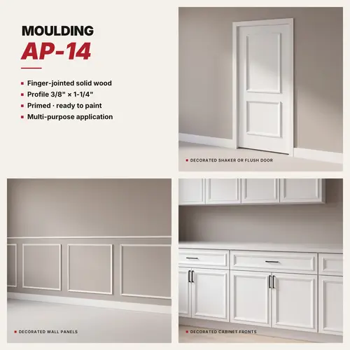 Straight-Bevel Profile Applied Panel Moulding, 1-1/4" Width, 3/8" Depth, 16 ft Length, White Finish, Sold Per Linear Foot, Supplied in 16 ft Lengths