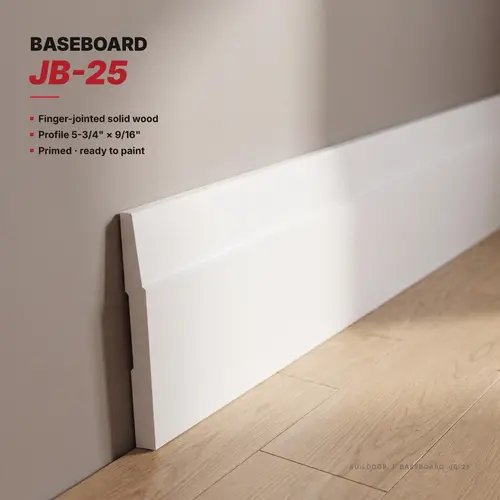 Straight-Bevel Profile Baseboard Moulding, 5-3/4" Height, 9/16" Depth, 16 ft Length, White Finish, Sold Per Linear Foot, Supplied in 16 ft Lengths