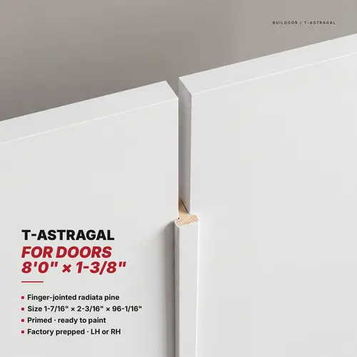 T-Section Astragal for Double Doors, 1-3/8" Width, 8ft Length, Left Hand, White Finish, 1 Piece