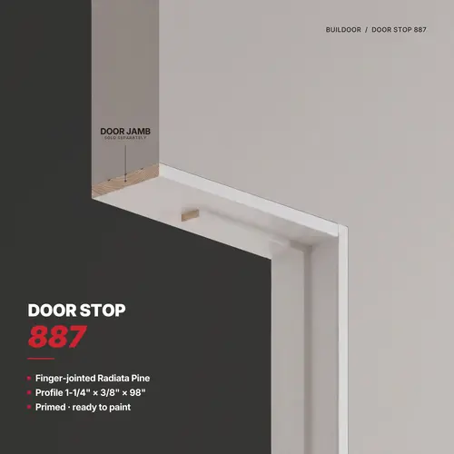 Door Stop Moulding, 3/8" Width, 1-1/4" Depth, 98" Length, White Finish, 1 Piece