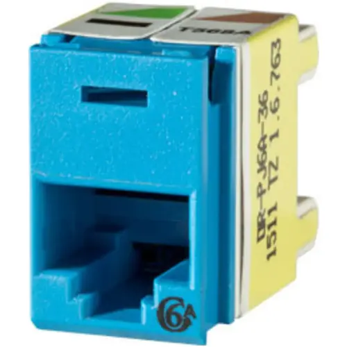 Cat 6a Panel Jack, T568A/B, Blue, Beryllium Copper, Phosphor-Bronze, Gold-Plated, Nickel-Plated Cat 6a Panel Jack, T568A/B, Blue, Beryllium Copper, Phosphor-Bronze, Gold-Plated, Nickel-Plated