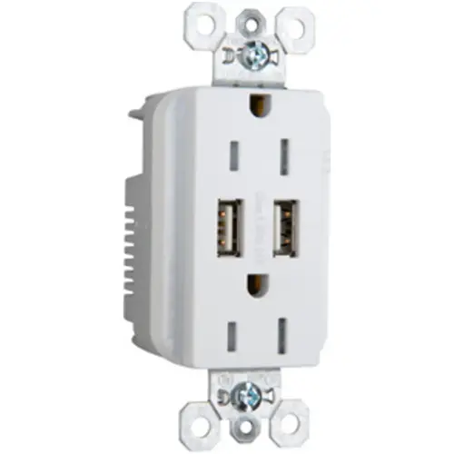 Combination Tamper-Resistant Duplex Receptacle With (2) USB Chargers, 15A, 125V, White Combination Tamper-Resistant Duplex Receptacle With (2) USB Chargers, 15A, 125V, White