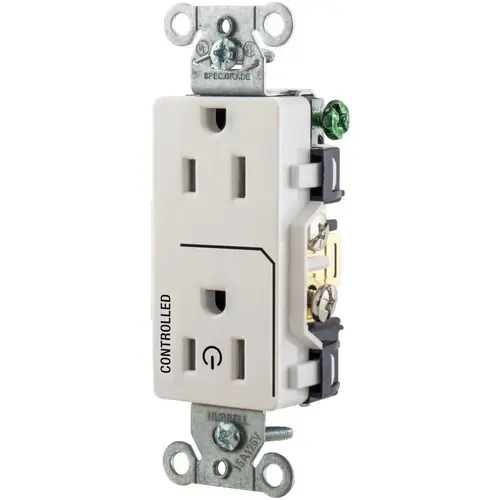 Straight Blade Duplex Receptacle, (1) Controlled, 15A, 125V, 2P3W, Smooth Face, Back and Side Wired, White Straight Blade Duplex Receptacle, (1) Controlled, 15A, 125V, 2P3W, Smooth Face, Back and Side Wired, White