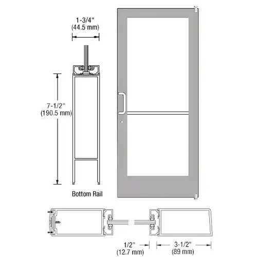 Clear Anodized 400 Series Medium Stile Active Leaf of Pair 3'0 x 7'0 Offset Hung with Pivots for Surf Mount Closer Complete Door for 1" Glass with Standard MS Lock, 7-1/2" Standard Bottom Rail Clear Anodized 400 Series Medium Stile Active Leaf of Pair 3'0 x 7'0 Offset Hung with Pivots for Surf Mount Closer Complete Door for 1" Glass with Standard MS Lock, 7-1/2" Standard Bottom Rail