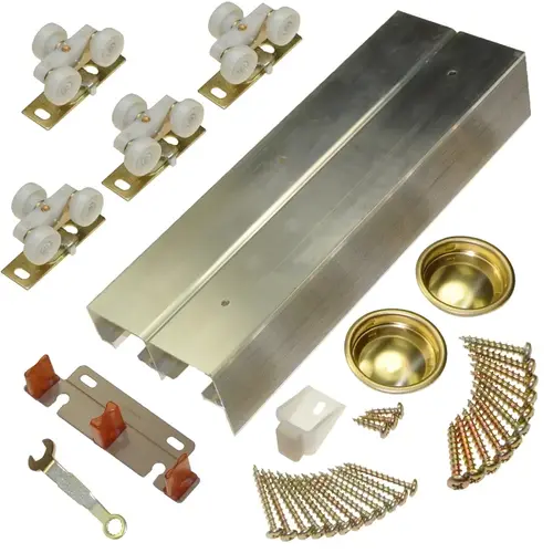 Heavy-Duty 2 Door Bypass Hardware Set, 72" Track Length, 1-3/4" Door Thickness, Aluminum Finish, Sliding Door Hardware