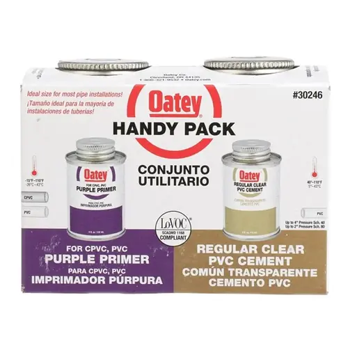 4 Oz. Primer And Cement Pvc Cement Kit, Handy Pack Series, Pvc Pipe Material, 4 Oz. Container Size, Clear And Purple Color 4 Oz. Primer And Cement Pvc Cement Kit, Handy Pack Series, Pvc Pipe Material, 4 Oz. Container Size, Clear And Purple Color