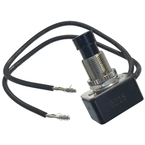 Pushbutton Switch, 4/8/10 A, 125/250 V, SPST, Lead Wire Terminal, Plastic Housing Material, Chrome Pushbutton Switch, 4/8/10 A, 125/250 V, SPST, Lead Wire Terminal, Plastic Housing Material, Chrome