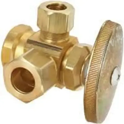 Stop Valve, 1/2 x 1/2 x 3/8 in Connection, FIP x Compression x Compression, 125 psi Pressure Chrome Stop Valve, 1/2 x 1/2 x 3/8 in Connection, FIP x Compression x Compression, 125 psi Pressure Chrome