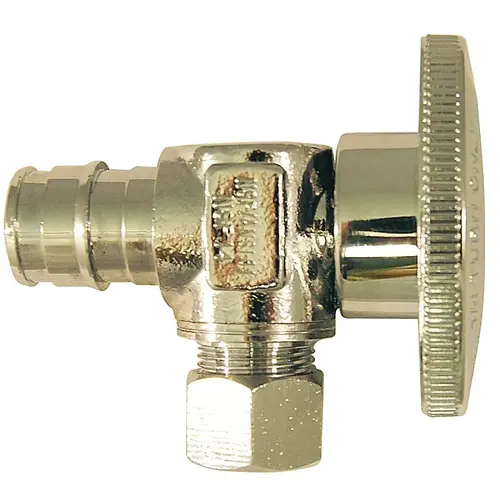 Angle Stop Valve, 1/2 x 3/8 in Connection, PEX x Compression, 200 psi Pressure, Brass Body Chrome Angle Stop Valve, 1/2 x 3/8 in Connection, PEX x Compression, 200 psi Pressure, Brass Body Chrome