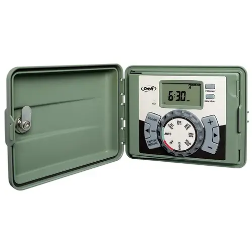 Indoor/Outdoor Timer, 120 V, 4 -Zone, 3 -Program, LCD Display, Plug-and-Go Mounting, Green