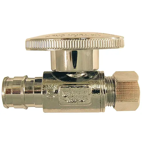 Straight Stop Valve, 1/2 x 3/8 in Connection, PEX x Compression, 200 psi Pressure, Brass Body Chrome Straight Stop Valve, 1/2 x 3/8 in Connection, PEX x Compression, 200 psi Pressure, Brass Body Chrome