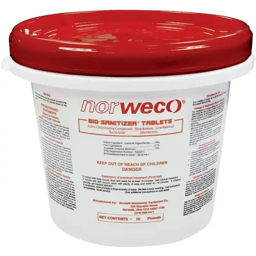 Wastewater Disinfectant Tab, Septic Treatment, Solid Form, 10 Lb Container Size, White Color, Slight Chlorine Odor, Calcium Hypochlorite