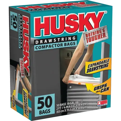 Husky HK18XDS050W Trash Compactor Bag With Drawstring, 18 Gal Capacity, 2 Ft 1-5/8" Length, 2 Ft 4" Width, White Finish, Pack Of 50 Trash Compactor Bag With Drawstring, 18 Gal Capacity, 2 Ft 1-5/8" Length, 2 Ft 4" Width, White Finish, Pack Of 50