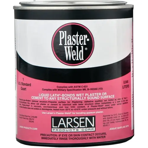 LARSEN SUPPLY CO., INC. PWQT12 Plaster-Weld Bonding Agent, Liquid, Low to Slight Acetic, Pink, 1 qt Pail Plaster-Weld Bonding Agent, Liquid, Low to Slight Acetic, Pink, 1 qt Pail