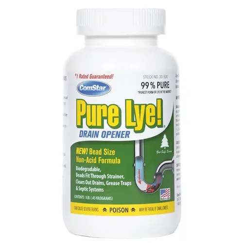 Pure Lye Drain Opener, Beads, Flakes, Clear/White, Sharp, 1 lb Bottle Pure Lye Drain Opener, Beads, Flakes, Clear/White, Sharp, 1 lb Bottle