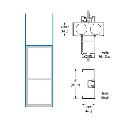Clear Anodized 1-3/4" x 4" Open Back H-Frame for Single Door Prepped for Center Hung Overhead Concealed Closer and DH129 Strike Clear Anodized 1-3/4" x 4" Open Back H-Frame for Single Door Prepped for Center Hung Overhead Concealed Closer and DH129 Strike