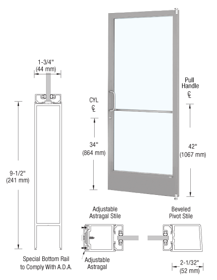 CRL-U.S. Aluminum CD22211LA36 Clear Anodized 250 Series Narrow Stile Active Leaf of Pair 3'0 x 7'0 Offset Hung with Pivots for Surface Mount Closer Complete ADA Door with Lock Indicator, Cylinder Guard - for 1/4" Glazing