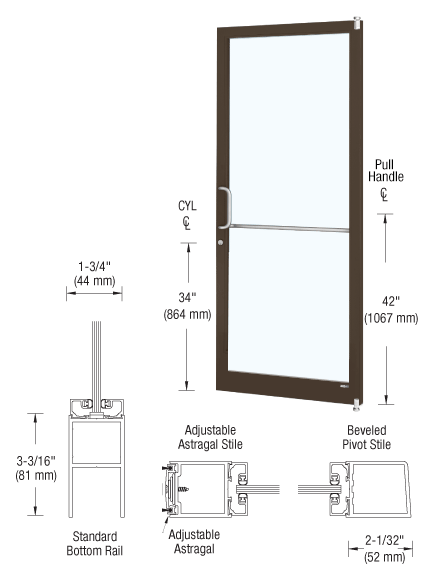 CRL-U.S. Aluminum DC22222LA36 Bronze Black Anodized 250 Series Narrow Stile Active Leaf of Pair 3'0 x 7'0 Offset Hung with Pivots for Surf Mount Closer Complete Door Std. MS Lock & Bottom Rail