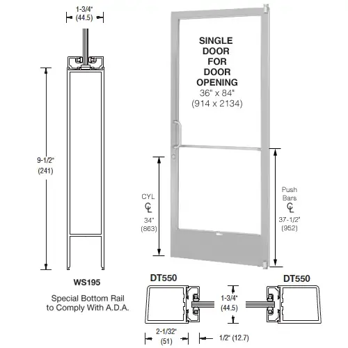 Clear Anodized 250 Series Narrow Stile (RHR) HRSO Single 3'0 x 7'0 Offset Hung with Pivots for Surf Mount Closer Complete Door Std. Lock and 9-1/2" Bottom Rail Clear Anodized 250 Series Narrow Stile (RHR) HRSO Single 3'0 x 7'0 Offset Hung with Pivots for Surf Mount Closer Complete Door Std. Lock and 9-1/2" Bottom Rail