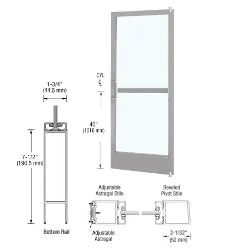 Clear Anodized 250 Series Narrow Stile Active Leaf of Pair 3'0 x 7'0 Offset Hung with Pivots for Surf Mount Closer Complete Panic Door for 1" Glass with Standard Panic and 7-1/2" Bottom Rail Clear Anodized 250 Series Narrow Stile Active Leaf of Pair 3'0 x 7'0 Offset Hung with Pivots for Surf Mount Closer Complete Panic Door for 1" Glass with Standard Panic and 7-1/2" Bottom Rail