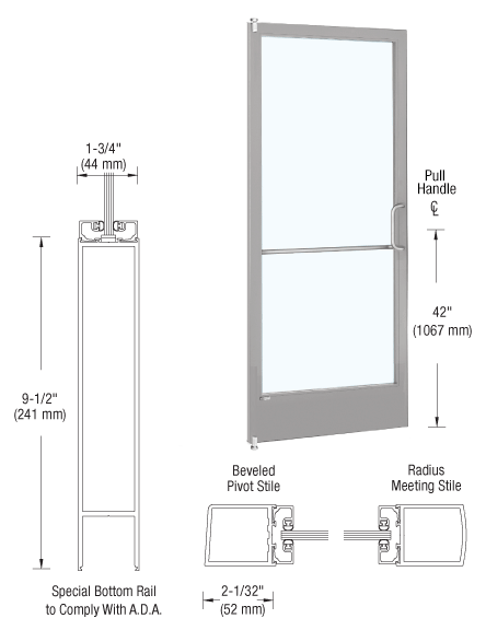 CRL-U.S. Aluminum CD22211R136 Clear Anodized 250 Series Narrow Stile Inactive Leaf of Pair 3'0 x 7'0 Offset Hung with Pivots for Surface Mount Closer Complete ADA Door with Lock Indicator, Cylinder Guard - for 1/4" Glazing