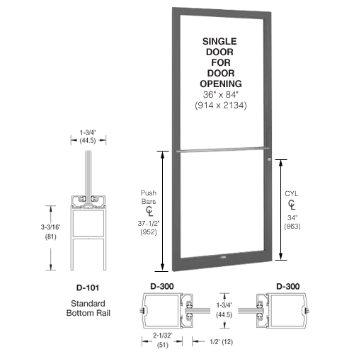 CRL-U.S. Aluminum DC21722R036 Bronze Black Anodized 250 Series Narrow Stile (LHR) HLSO Single 3'0 x 7'0 Center Hung for OHCC w/Standard Push Bars Complete Door Std. MS Lock & Bottom Rail