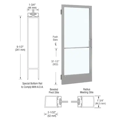 Clear Anodized 250 Series Narrow Stile Inactive Leaf of Pair 3'0 x 7'0 Offset Hung with Butt Hinges for Surf Mount Closer Complete Door Std. Lock and 9-1/2" Bottom Rail for 1" Glass with Standard MS Lock and Bottom Rail Clear Anodized 250 Series Narrow Stile Inactive Leaf of Pair 3'0 x 7'0 Offset Hung with Butt Hinges for Surf Mount Closer Complete Door Std. Lock and 9-1/2" Bottom Rail for 1" Glass with Standard MS Lock and Bottom Rail