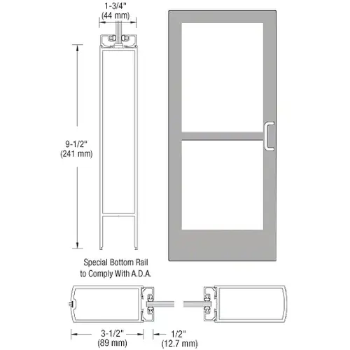 Clear Anodized 400 Series Medium Stile Inactive Leaf of Pair 3'0 x 7'0 Center Hung for OHCC w/Standard Push Bars Complete Panic Door with Std. Panic and 9-1/2" Bottom Rail Clear Anodized 400 Series Medium Stile Inactive Leaf of Pair 3'0 x 7'0 Center Hung for OHCC w/Standard Push Bars Complete Panic Door with Std. Panic and 9-1/2" Bottom Rail