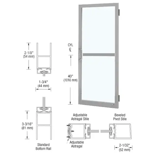 Clear Anodized 250 Series Narrow Stile Active Leaf of Pair 3'0 x 7'0 Offset Hung with Butt Hinges for Surf Mount Closer Complete Panic Door for 1" Glass with Standard MS Lock and Bottom Rail Clear Anodized 250 Series Narrow Stile Active Leaf of Pair 3'0 x 7'0 Offset Hung with Butt Hinges for Surf Mount Closer Complete Panic Door for 1" Glass with Standard MS Lock and Bottom Rail