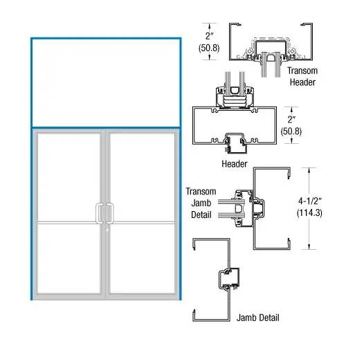 Clear Anodized Class 1 Transom Double Door Frame for Doors with Continuous Gear Hinge and Surface Mount Closers Clear Anodized Class 1 Transom Double Door Frame for Doors with Continuous Gear Hinge and Surface Mount Closers