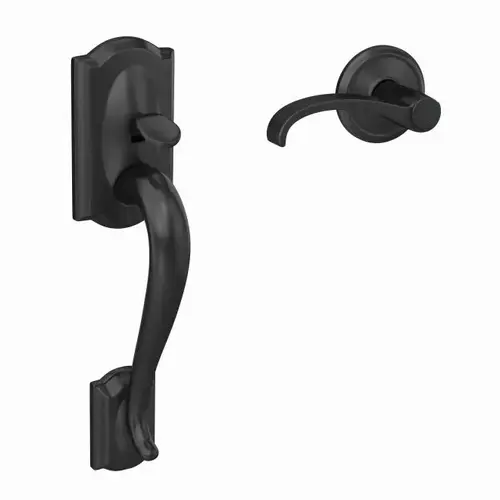 Camelot with Whitney Lever with Alden Rose Bottom Half Handleset with 16080 Latch and 10063 Strike Matte Black Finish Camelot with Whitney Lever with Alden Rose Bottom Half Handleset with 16080 Latch and 10063 Strike Matte Black Finish