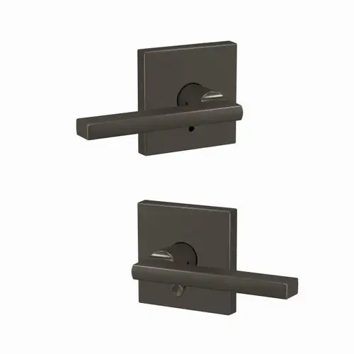 Latitude Lever with Collins Rose Passage and Privacy Lock with 16600 Latch and 10027 Strike Black Stainless Finish Latitude Lever with Collins Rose Passage and Privacy Lock with 16600 Latch and 10027 Strike Black Stainless Finish