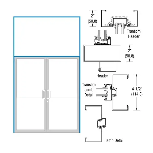 Dark Bronze/Black Anodized Class 1 Transom Double Door Frame 2" x 4-1/2" Prepped for Offset Pivot Overhead Concealed 105 degree Closer Dark Bronze/Black Anodized Class 1 Transom Double Door Frame 2" x 4-1/2" Prepped for Offset Pivot Overhead Concealed 105 degree Closer
