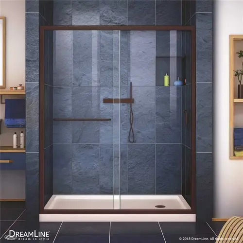 Infinity-Z 32 in. x 60 in. Semi-Frameless Sliding Shower Door in Oil Rubbed Bronze with Right Drain Base in Biscuit Infinity-Z 32 in. x 60 in. Semi-Frameless Sliding Shower Door in Oil Rubbed Bronze with Right Drain Base in Biscuit