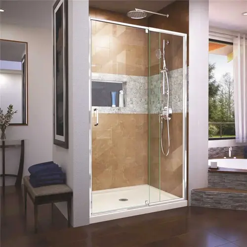 Flex 32 in. D x 42 in. W x 74.75 in. H Framed Pivot Shower Door in Chrome with Center Drain Biscuit Acrylic Base Kit Flex 32 in. D x 42 in. W x 74.75 in. H Framed Pivot Shower Door in Chrome with Center Drain Biscuit Acrylic Base Kit