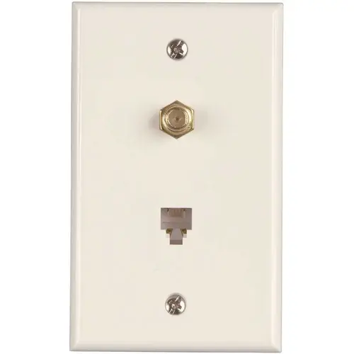 1-Gang CATV F-Type Connector and Phone Jack with Wall Plate, Thermoplastic, White - pack of 10