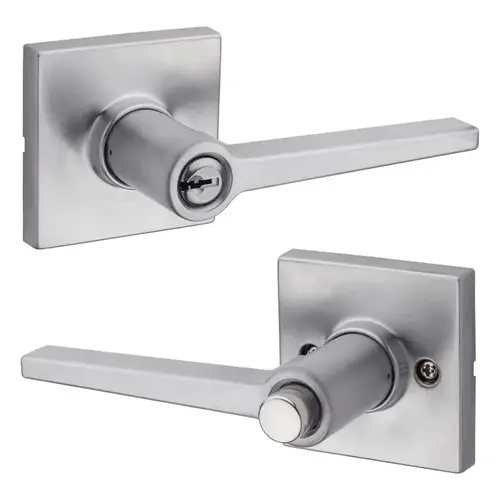 Daylon Lever with Square Rose Push Button Entry Lock with RCAL Latch and RCS Strike Satin Chrome Finish Daylon Lever with Square Rose Push Button Entry Lock with RCAL Latch and RCS Strike Satin Chrome Finish