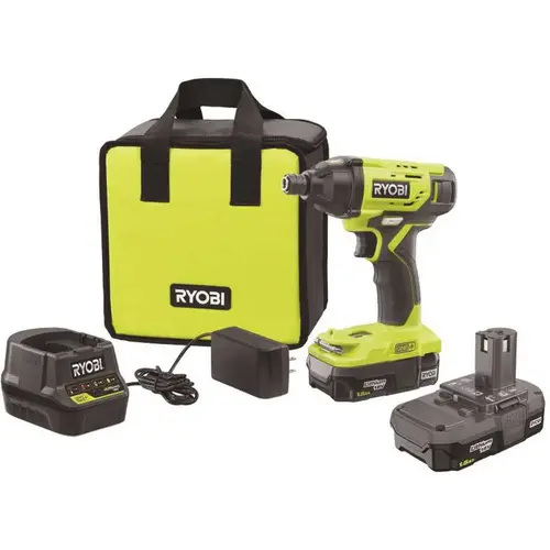 RYOBI 18-Volt ONE+ Lithium-Ion Cordless 1/4 in. Impact Driver Kit with (2) 1.5 Ah Batteries, Charger, and Bag Green RYOBI 18-Volt ONE+ Lithium-Ion Cordless 1/4 in. Impact Driver Kit with (2) 1.5 Ah Batteries, Charger, and Bag Green