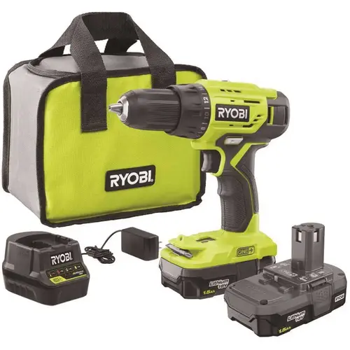 RYOBI 18-Volt ONE+ Lithium-Ion Cordless 1/2 in. Drill/Driver Kit with (2) 1.5 Ah Batteries, Charger, and Bag Green RYOBI 18-Volt ONE+ Lithium-Ion Cordless 1/2 in. Drill/Driver Kit with (2) 1.5 Ah Batteries, Charger, and Bag Green