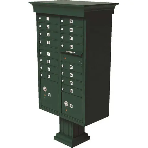 Vital 1570 16-Mailboxes 2-Parcel Lockers 1-Outgoing Pedestal Mount Cluster Box Unit Forest Green Powder Coat Vital 1570 16-Mailboxes 2-Parcel Lockers 1-Outgoing Pedestal Mount Cluster Box Unit Forest Green Powder Coat