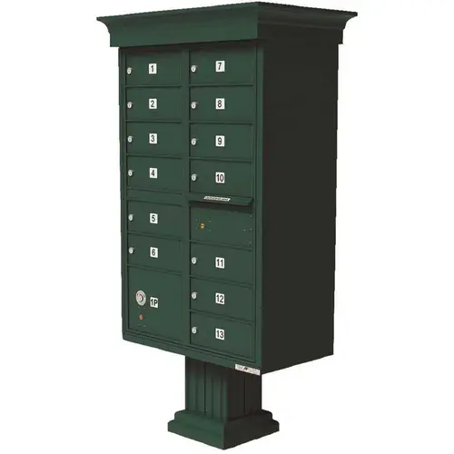 Vital 1570 13-Mailboxes 1-Parcel Locker 1-Outgoing Pedestal Mount Cluster Box Unit Forest Green Powder Coat
