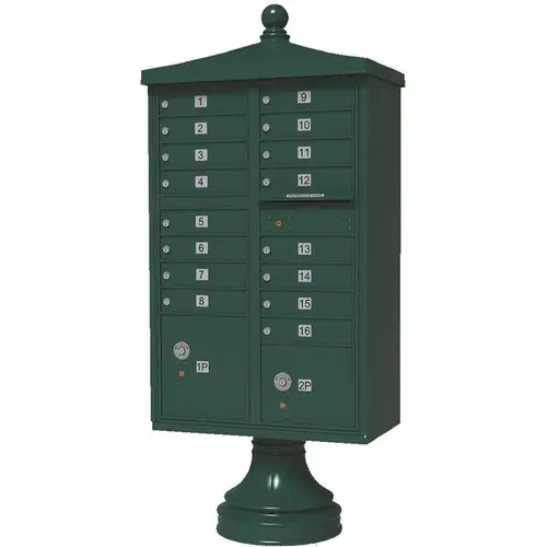 Vital 1570 16-Mailboxes 2-Parcel Lockers 1-Outgoing Pedestal Mount Cluster Box Unit Forest Green Powder Coat Vital 1570 16-Mailboxes 2-Parcel Lockers 1-Outgoing Pedestal Mount Cluster Box Unit Forest Green Powder Coat