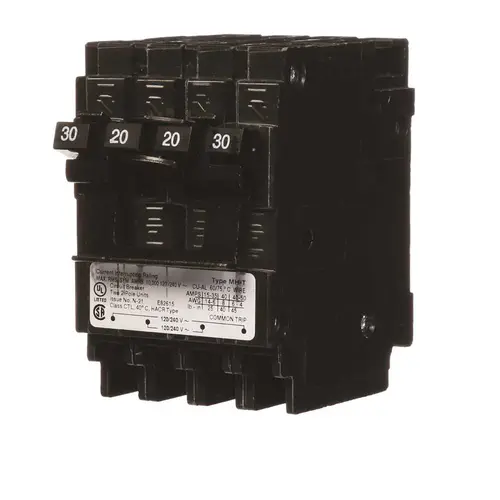 Quadplex One Outer 20 Amp Double-Pole and One Inner 30 Amp Double-Pole Circuit Breaker Black Quadplex One Outer 20 Amp Double-Pole and One Inner 30 Amp Double-Pole Circuit Breaker Black