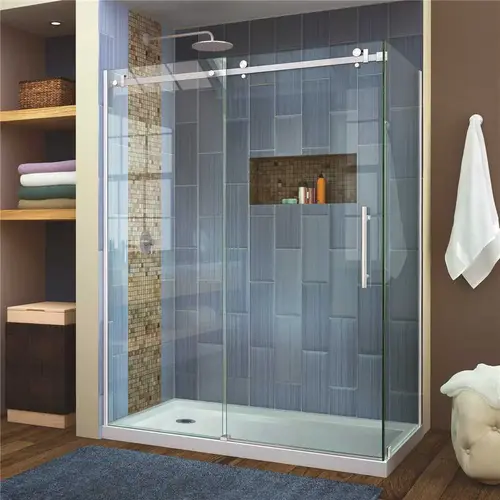 Enigma Air 60-3/8 in. x 76 in. Frameless Corner Sliding Shower Door in Polished Stainless Steel with Handle Enigma Air 60-3/8 in. x 76 in. Frameless Corner Sliding Shower Door in Polished Stainless Steel with Handle
