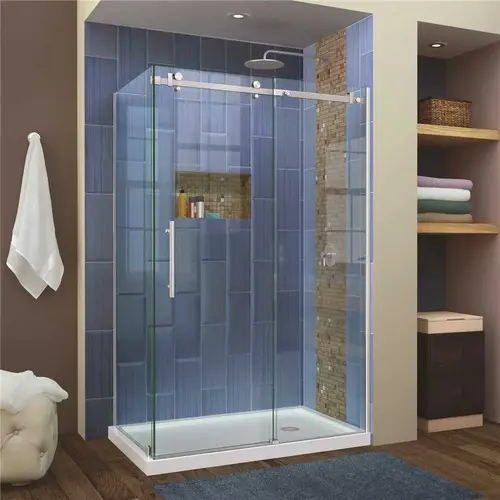 Enigma Air 48-3/8 in. x 76 in. Frameless Corner Sliding Shower Door in Brushed Stainless Steel Enigma Air 48-3/8 in. x 76 in. Frameless Corner Sliding Shower Door in Brushed Stainless Steel