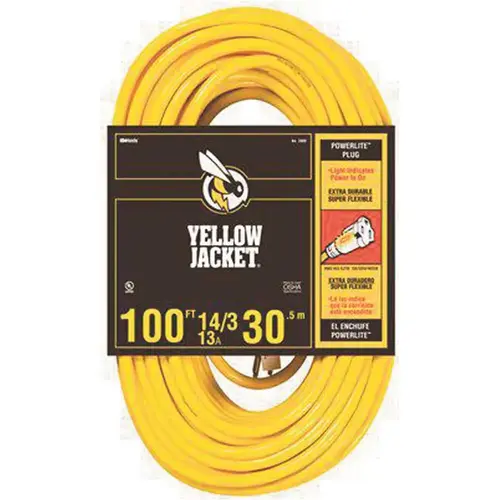 Extension Cord, 14 AWG Cable, 100 ft L, 13 A, 125 V, Yellow Extension Cord, 14 AWG Cable, 100 ft L, 13 A, 125 V, Yellow