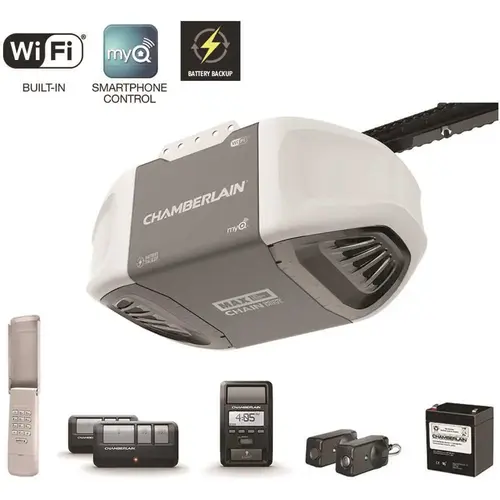 1-1/4 HP Equivalent Durable Chain Drive Smart Garage Door Opener with Battery Backup 1-1/4 HP Equivalent Durable Chain Drive Smart Garage Door Opener with Battery Backup