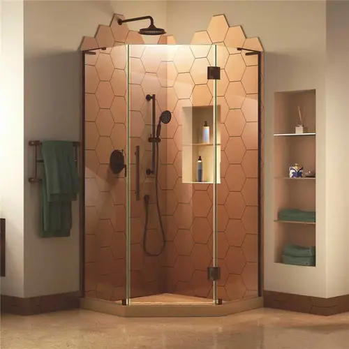 Prism Plus 40 in. D x 40 in. W x 72 in. H Semi-Frameless Neo-Angle Hinged Shower Enclosure in Oil Rubbed Bronze Hardware Prism Plus 40 in. D x 40 in. W x 72 in. H Semi-Frameless Neo-Angle Hinged Shower Enclosure in Oil Rubbed Bronze Hardware