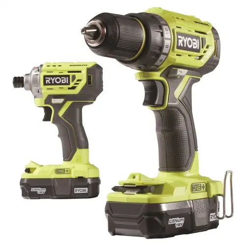 18-Volt ONE+ Lithium-Ion Cordless Brushless Drill/Driver-Impact Driver Kit (2-Tool) w/(2) 1.3 Ah Batteries, Charger, Bag Green 18-Volt ONE+ Lithium-Ion Cordless Brushless Drill/Driver-Impact Driver Kit (2-Tool) w/(2) 1.3 Ah Batteries, Charger, Bag Green